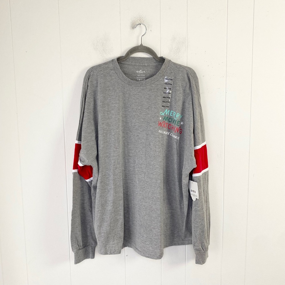 Hallmark Channel Merry Movie Watching Long Sleeve Fan Jersey Gray Red XXL NWT